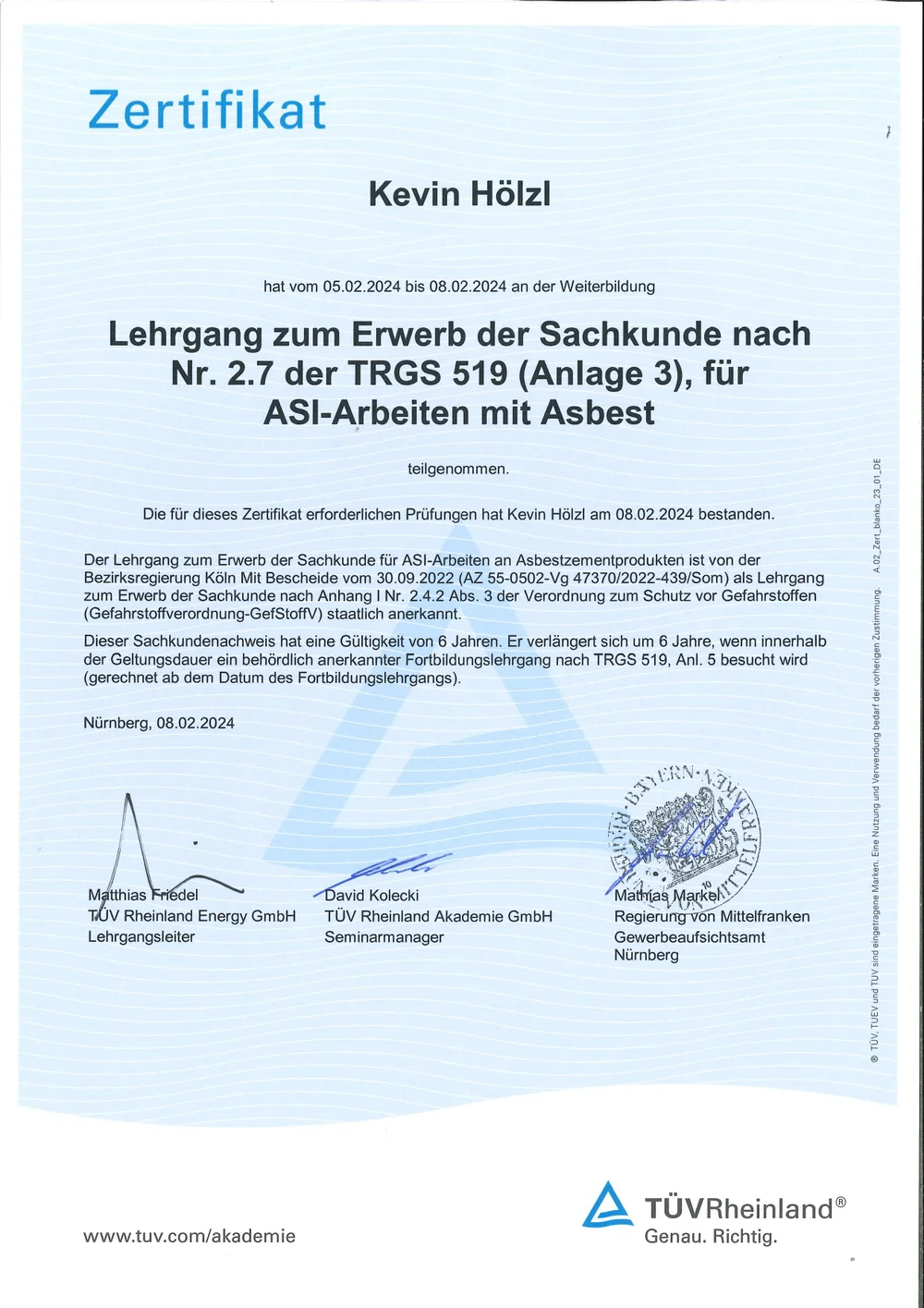 Sachkunde nach TRGS 519 Anlage 3 für Arbeiten mit Asbest, TÜV Rheinland 2024