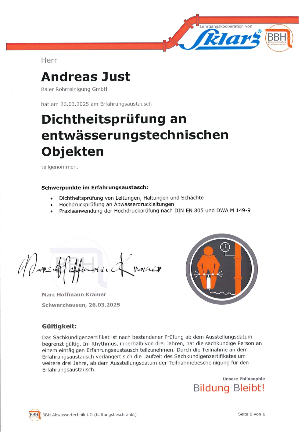 Zweite Sachkunde Dichtheitsprüfung an entwässerungstechnischen Objekten 2025