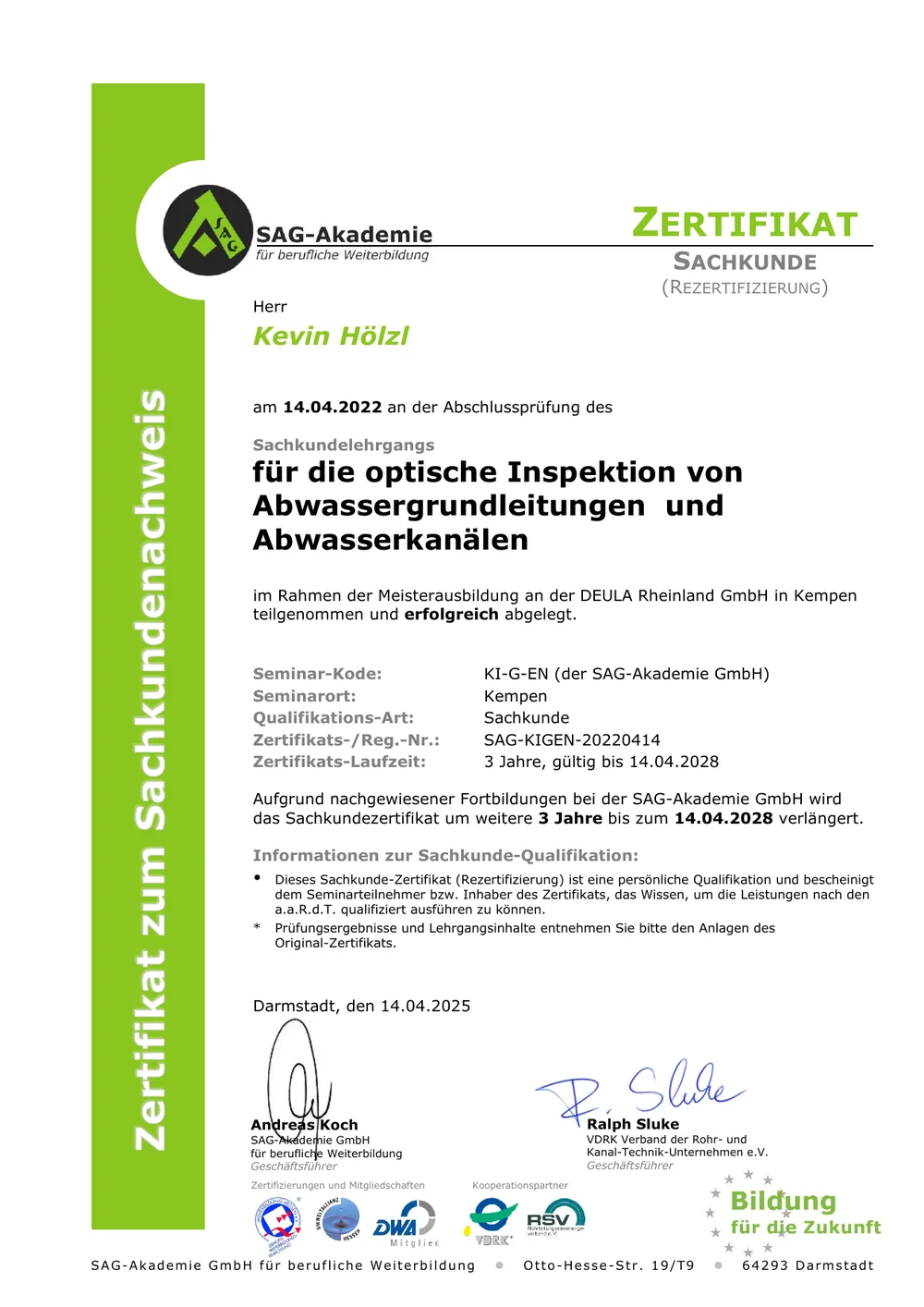 Sachkunde optische Inspektion von Abwasserleitungen und -kanälen, gültig bis 2028