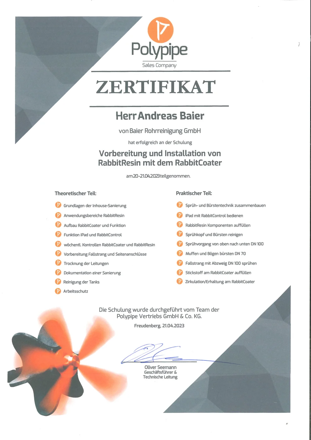 Polypipe-Zertifikat Installation von RabbitResin mit dem RabbitCoater